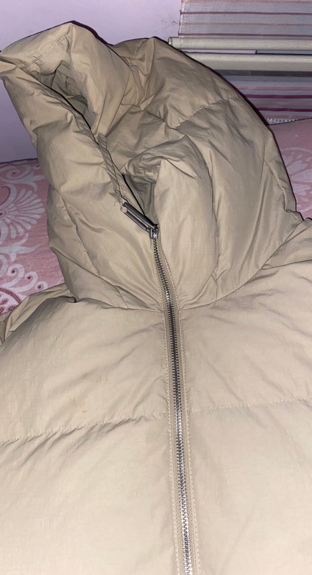 Bej Uzun Kadın Kışlık Mont, Fermuarlı, Yüksek Yakalı - Görsel 3