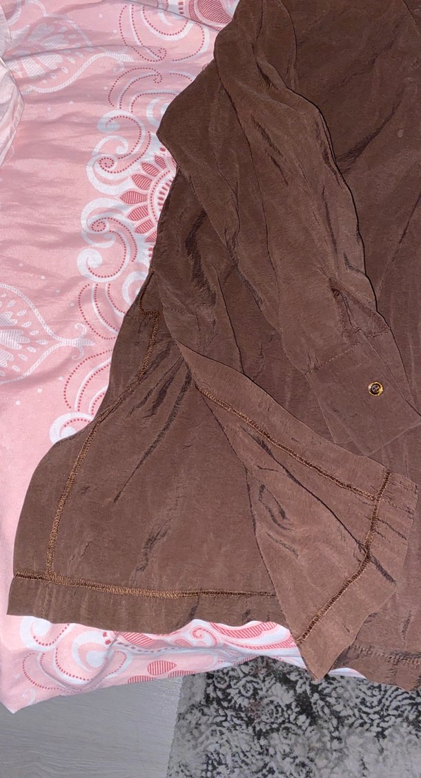 Düğmeli Kahverengi Keten Kadın Gömlek - Görsel 3