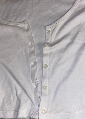 Düğmeli Beyaz Keten Kısa Kollu Bluz - Görsel 2