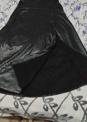 Drapeli Siyah Deri Uzun Etek yuksel bel - Görsel 5