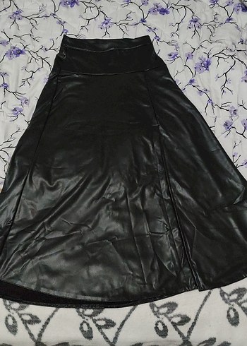 Drapeli Siyah Deri Uzun Etek yuksel bel - Görsel 3