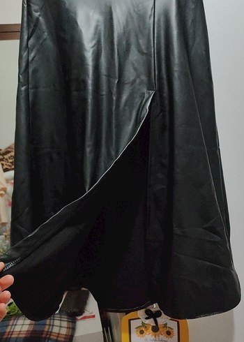 Drapeli Siyah Deri Uzun Etek yuksel bel - Görsel 2