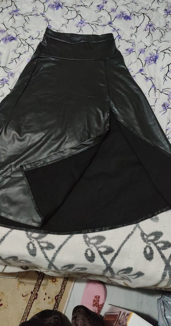 Drapeli Siyah Deri Uzun Etek yuksel bel - Görsel 5