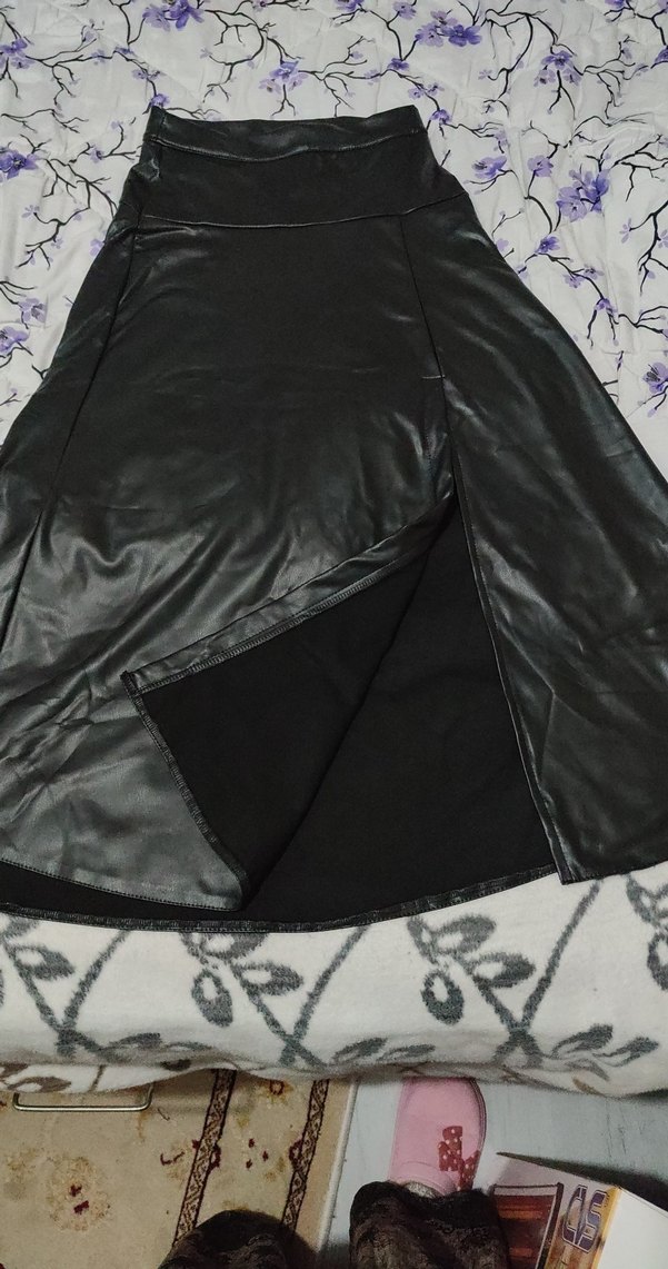 Drapeli Siyah Deri Uzun Etek yuksel bel - Görsel 4