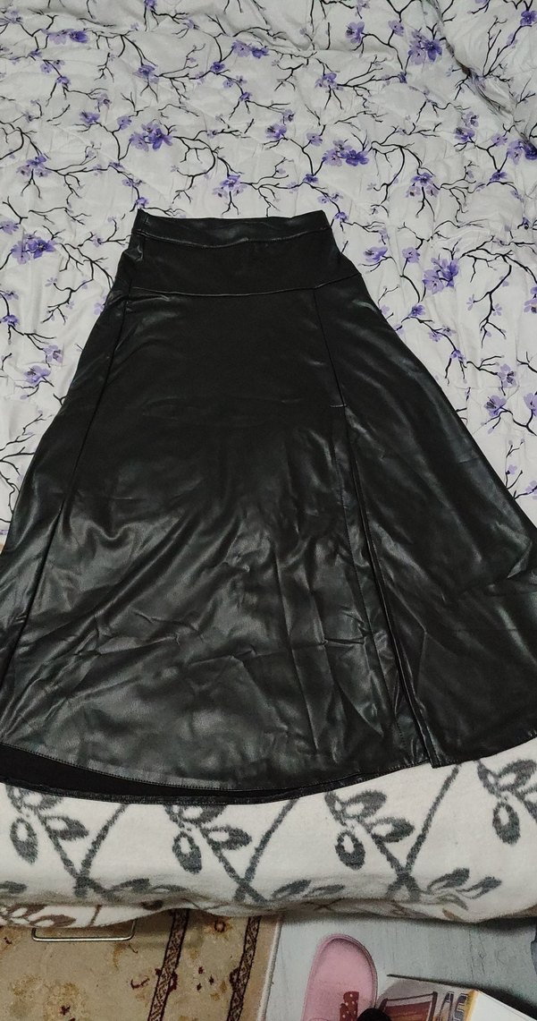 Drapeli Siyah Deri Uzun Etek yuksel bel - Görsel 3