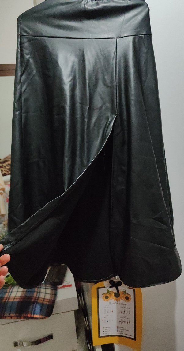 Drapeli Siyah Deri Uzun Etek yuksel bel - Görsel 2