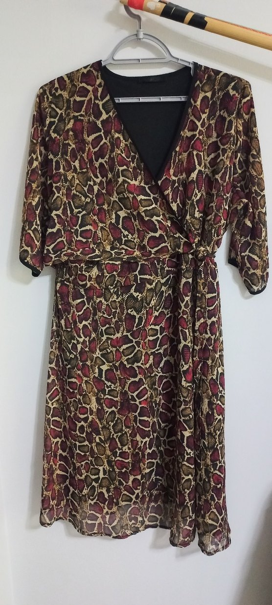 Bordo Yılan Desenli Bohem midi boy  Kadın Şifon Elbise - Görsel 2