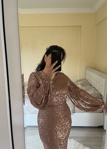 Parlak Bakır renkli Payetli Uzun Abiye Elbise - Görsel 3
