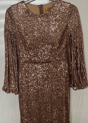 Parlak Bakır renkli Payetli Uzun Abiye Elbise - Görsel 5