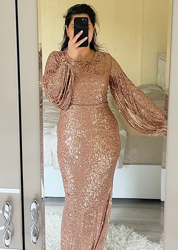 Parlak Bakır renkli Payetli Uzun Abiye Elbise - Görsel 2