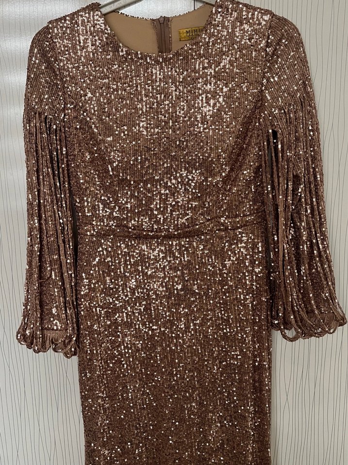 Parlak Bakır renkli Payetli Uzun Abiye Elbise - Görsel 5