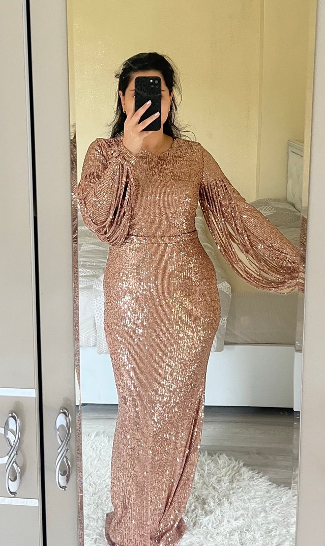 Parlak Bakır renkli Payetli Uzun Abiye Elbise - Görsel 2