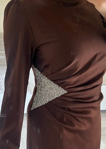 Kahverengi Uzun Kollu Drapeli Abiye Elbise - Görsel 3