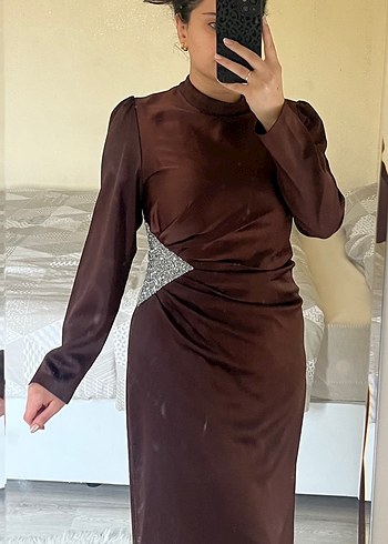 Kahverengi Uzun Kollu Drapeli Abiye Elbise - Görsel 2