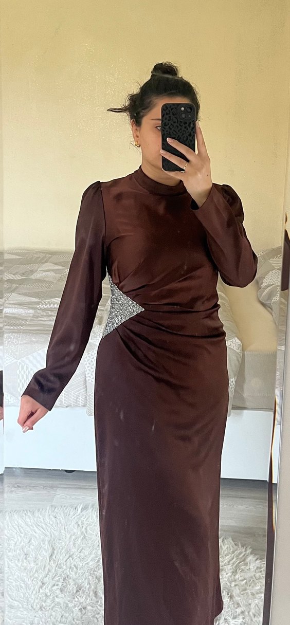 Kahverengi Uzun Kollu Drapeli Abiye Elbise - Görsel 2