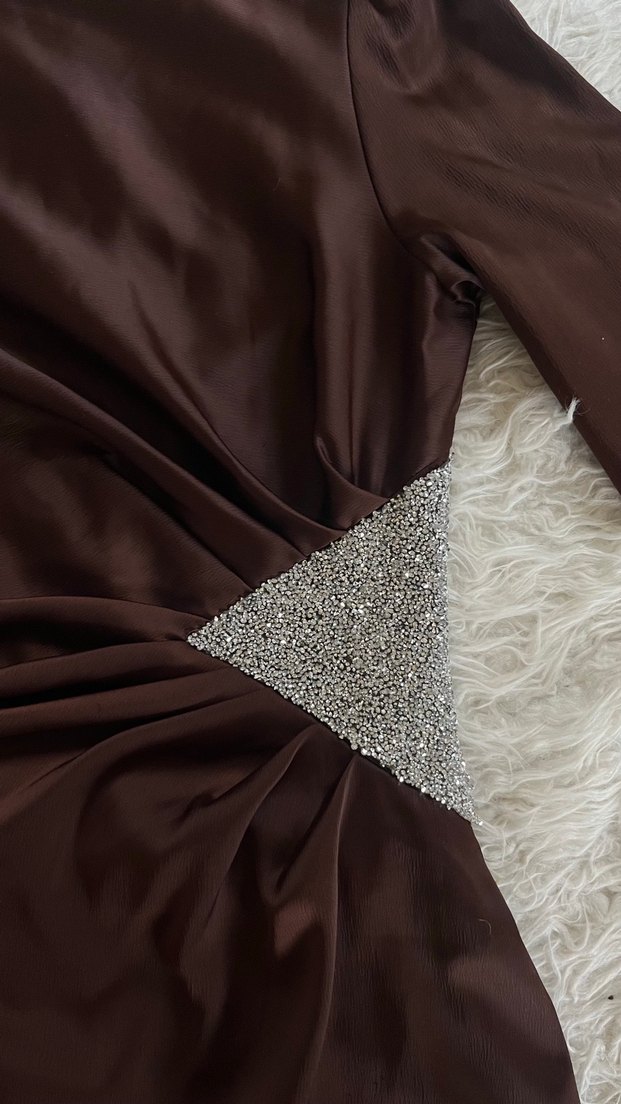 Kahverengi Uzun Kollu Drapeli Abiye Elbise - Görsel 5