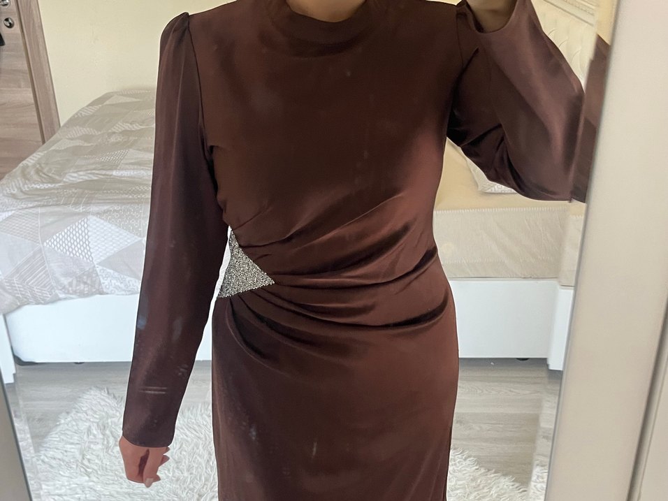 Kahverengi Uzun Kollu Drapeli Abiye Elbise - Görsel 4