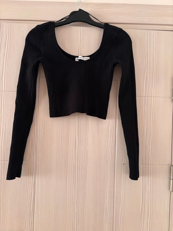 Siyah Triko Uzun Kollu Crop Top - Görsel 2