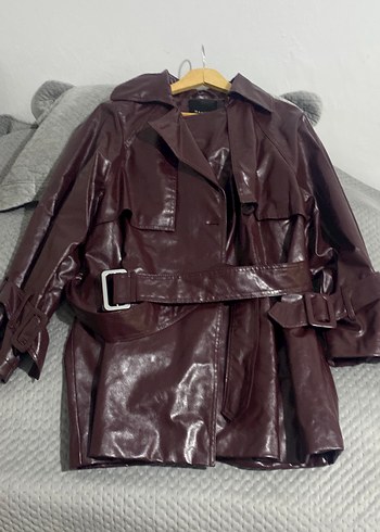 Bordo Deri Kuşaklı Midi Ceket - Görsel 4