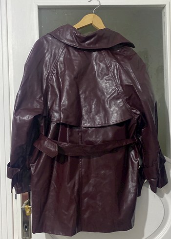 Bordo Deri Kuşaklı Midi Ceket - Görsel 2