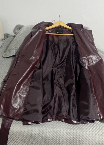 Bordo Deri Kuşaklı Midi Ceket - Görsel 5