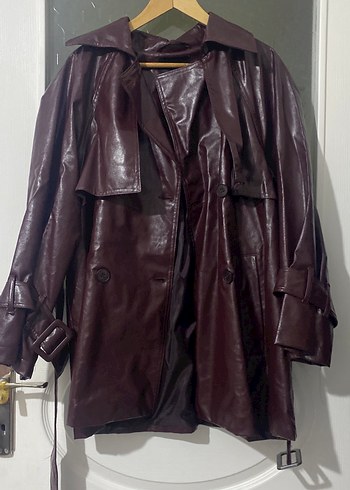 Bordo Deri Kuşaklı Midi Ceket - Görsel 3