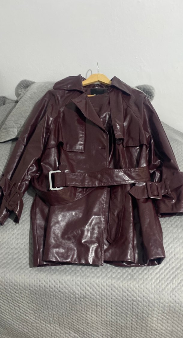 Bordo Deri Kuşaklı Midi Ceket - Görsel 4