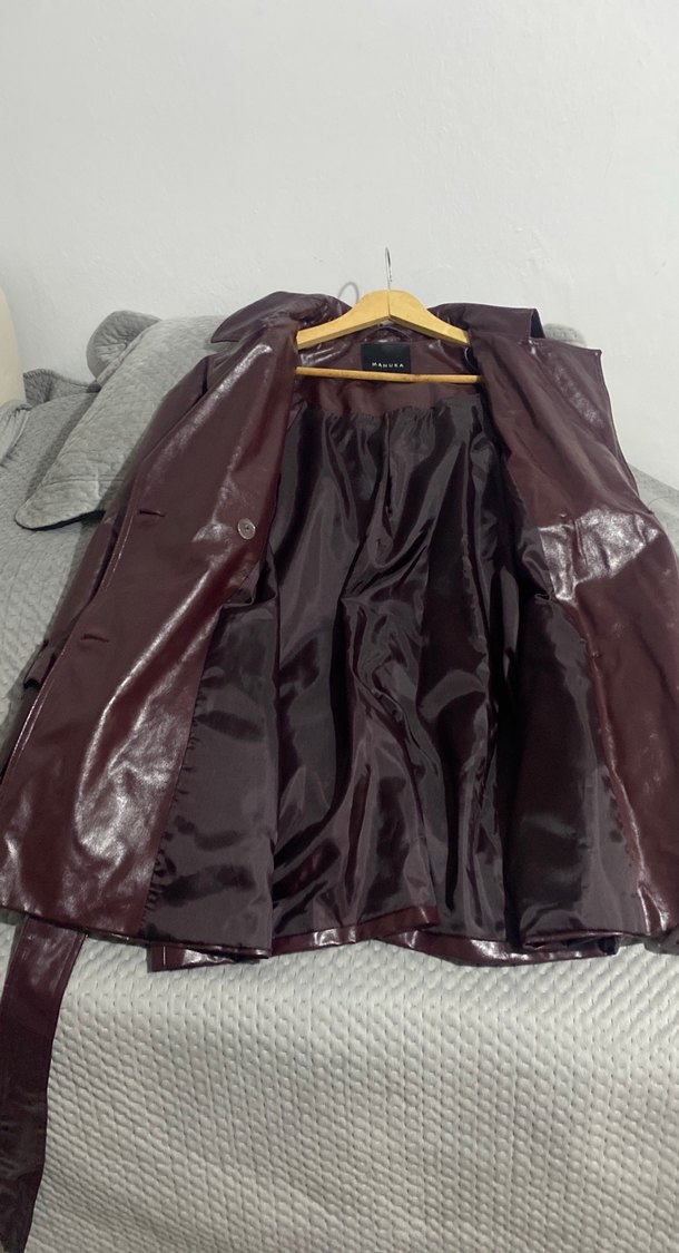 Bordo Deri Kuşaklı Midi Ceket - Görsel 5