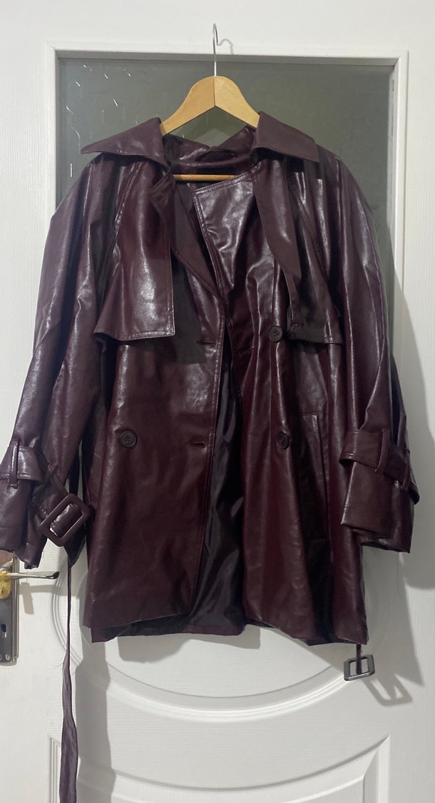 Bordo Deri Kuşaklı Midi Ceket - Görsel 3