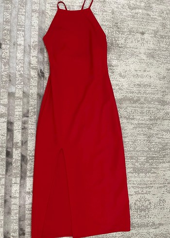 Kırmızı V Yaka Uzun Abiye Elbise - Görsel 2