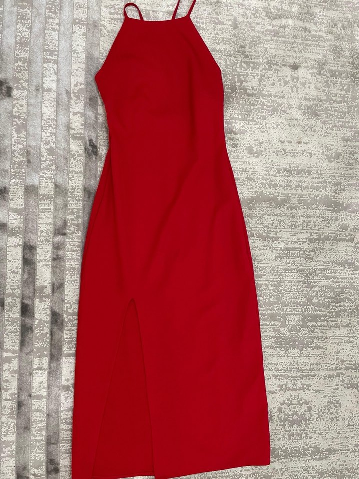 Kırmızı V Yaka Uzun Abiye Elbise - Görsel 2