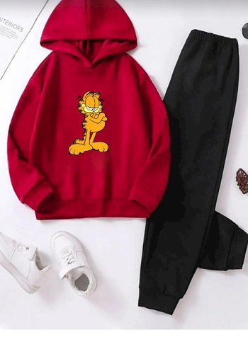 Kızıl Garfield Baskılı Kapüşonlu Sweatshirt ve Siyah Eşofman