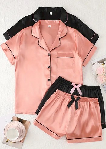 Kadın Pembe Mini Kısa Kollu Saten Pijama Takımı