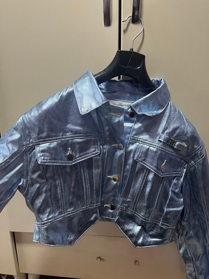 Mavi Parlak Deri Kadın Ceket - Görsel 2