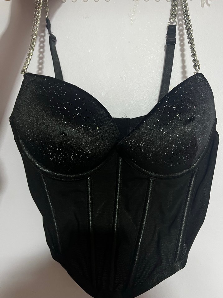 Zincir Detaylı Siyah Strappy Goth Büstiyer - Görsel 2