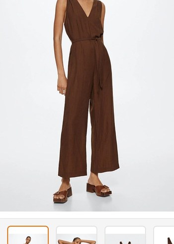 Mango Kadın Kahverengi V Yaka Kemerli Tulum - Görsel 2