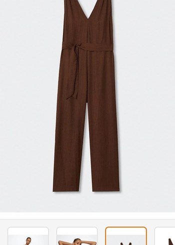 Mango Kadın Kahverengi V Yaka Kemerli Tulum - Görsel 3