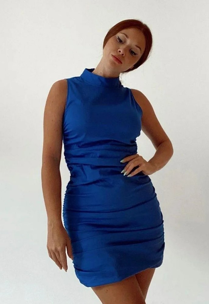 Zara Mavi Drapeli Yüksek Yakalı Elbise - Görsel 3
