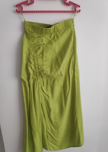 Zara Drapeli Yeşil Midi Keten Etek