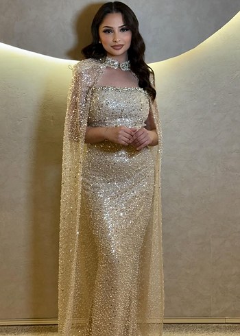 Bej İşlemeli Uzun Kollu Drapeli Nişan Elbisesi - Görsel 2