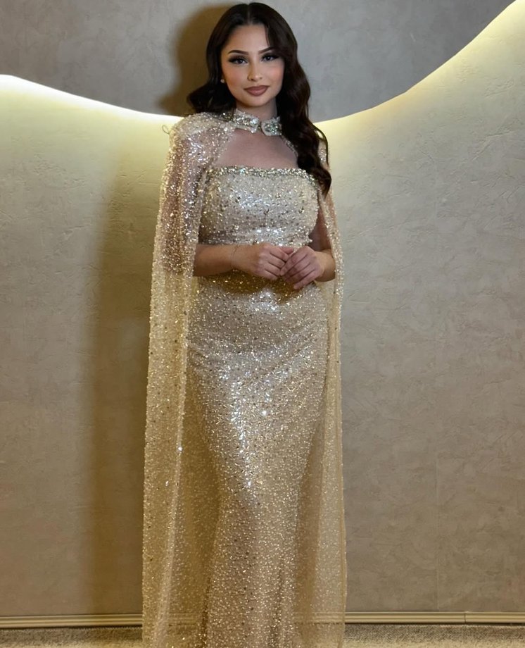 Bej İşlemeli Uzun Kollu Drapeli Nişan Elbisesi - Görsel 2