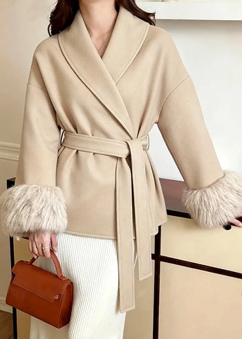 Bej Kürklü Midi Kadın Kaban - Görsel 3