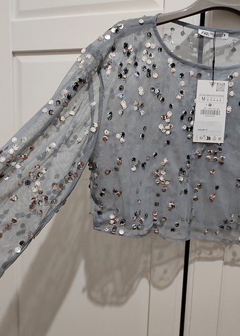 Zara Pullu Transparan Crop T-shirt Bluz - Görsel 5