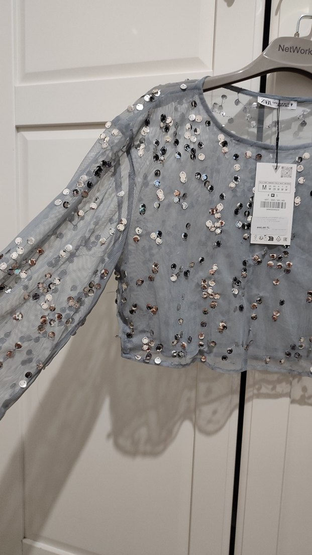 Zara Pullu Transparan Crop T-shirt Bluz - Görsel 5