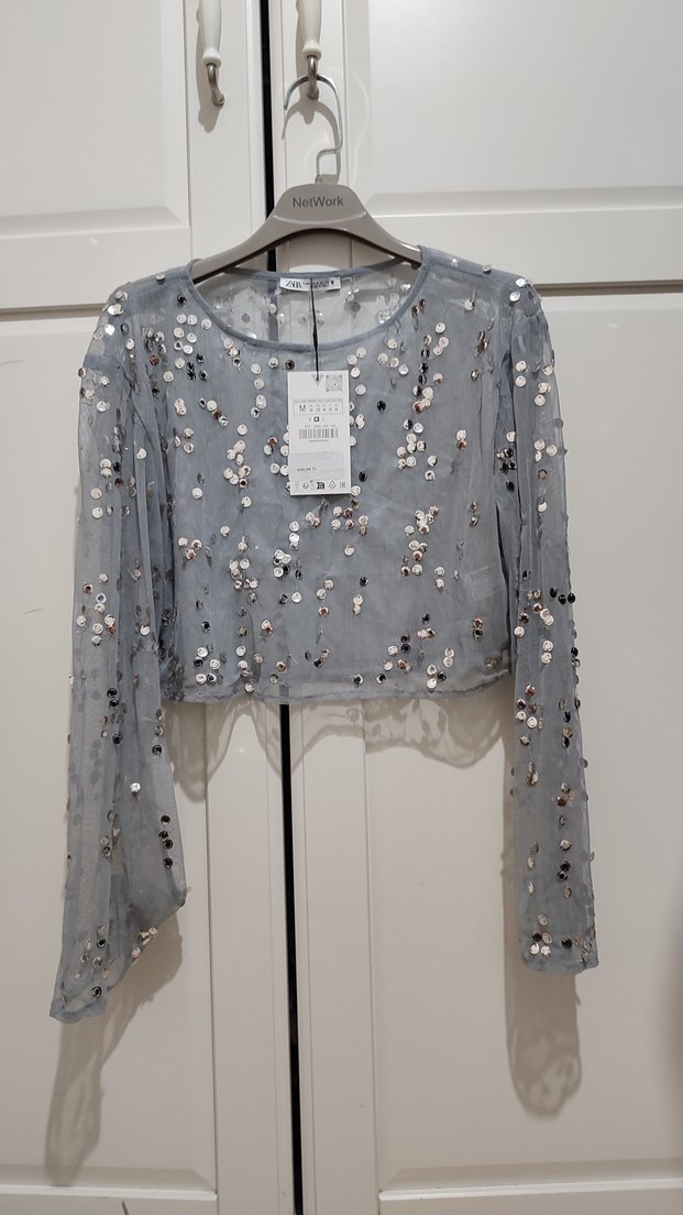 Zara Pullu Transparan Crop T-shirt Bluz - Görsel 4