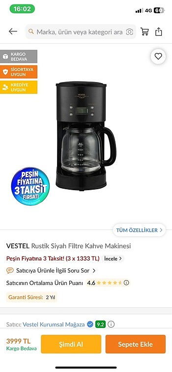 Vestel filtre kahve makinası