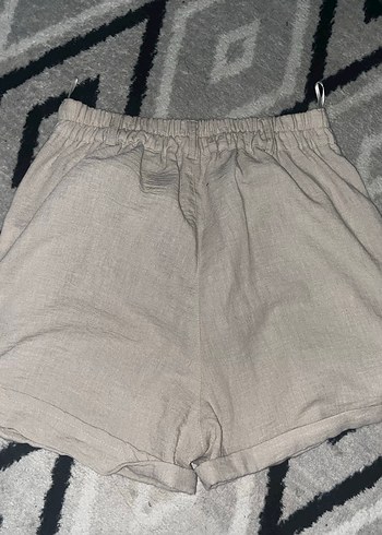 36 Beden Bej Keten Düğmeli Mini Şort