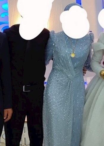 Işıltılı Mavi Uzun Kollu Abiye Elbise