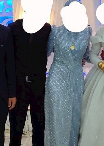 Uzun Kollu Mavi Drapeli Abiye Elbise