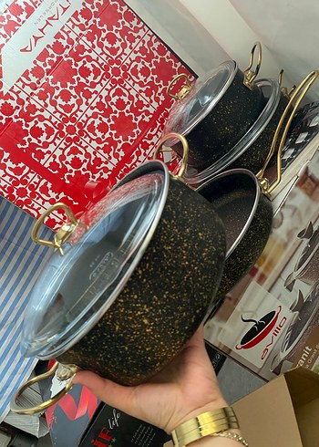 Altın Detaylı Siyah Tencere ve Tava Seti - Görsel 2